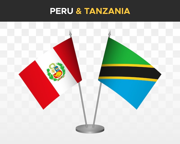Peru vs Tanzania desk flags mockup isolated 3d vector illustration table flag