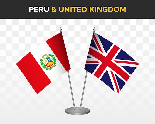 Peru vs UK United Kingdom Britain desk flags mockup isolated 3d vector illustration table flag