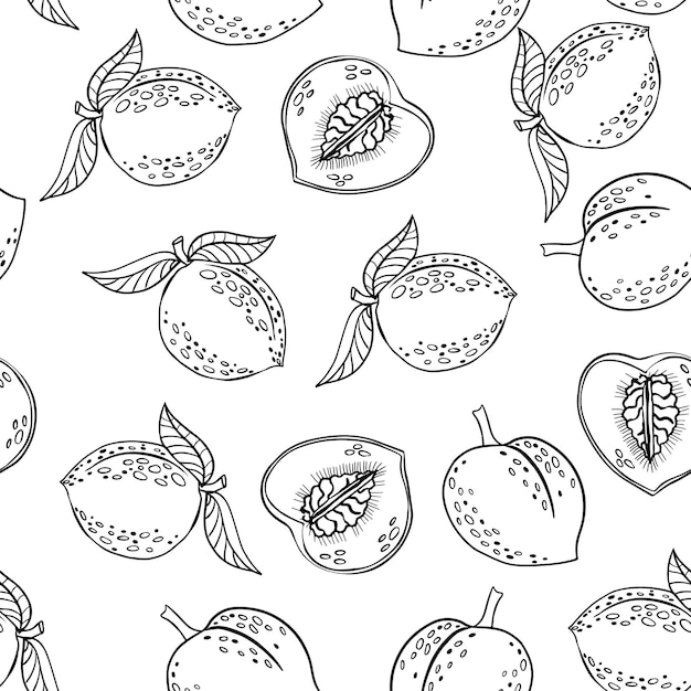 Perziken naadloze patroon schets stijl fruit Hand getrokken vectorillustratie
