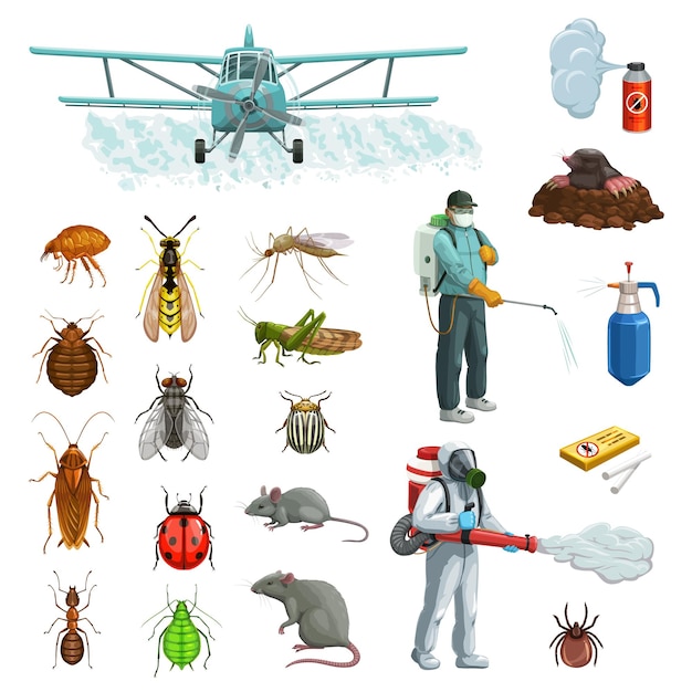 Vector pest control cartoon set with pest insects rodent