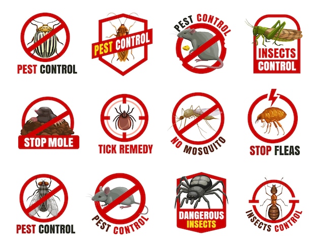 Vector pest control   icons. colorado beetle, cockroach and rat with locust, mole, tick and mosquito with flea. fly, mouse and spider with ant cartoon prohibition , dangerous insects warn