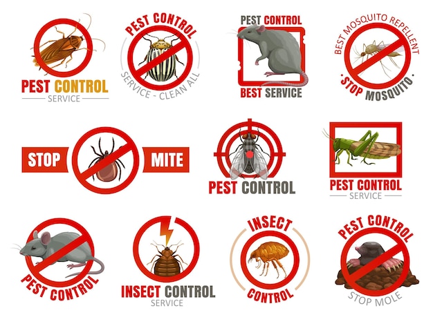 Vector pest control icons with insects and animals