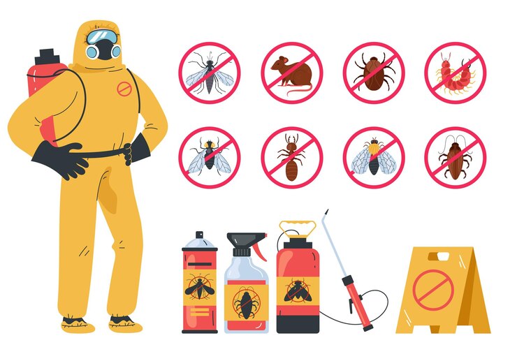 Vector pest control insect service disinfection poison isolated set flat graphic design illustration