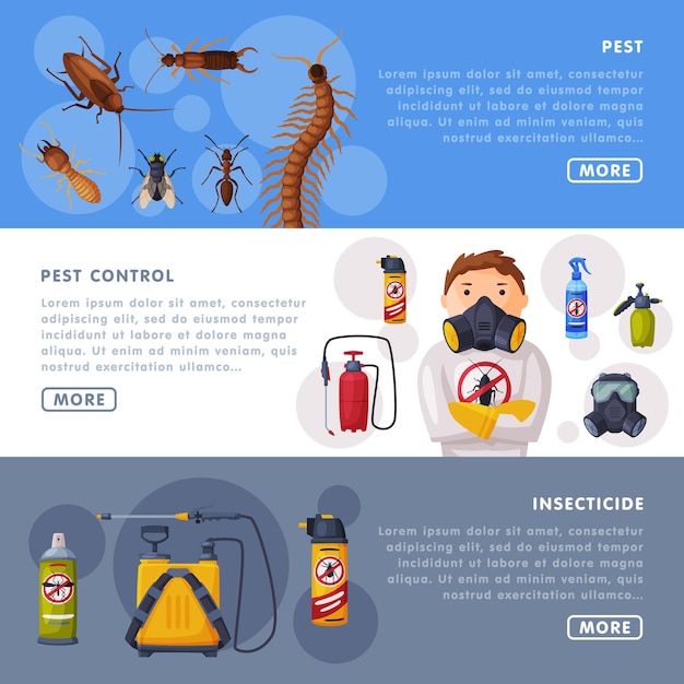 Vector pest control service landing page templates set detecting and exterminating insects website app homepage vector illustration