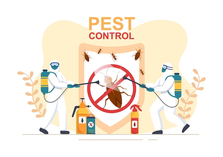 Vector pest control service with exterminator of insects in flat cartoon background illustration
