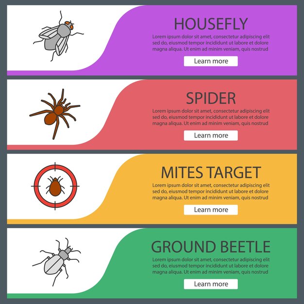 Set di modelli di banner web per il controllo dei parassiti. mosca domestica, ragno, bersaglio di acari, scarabeo di terra. voci di menu a colori del sito web con icone lineari. concetti di progettazione di intestazioni vettoriali