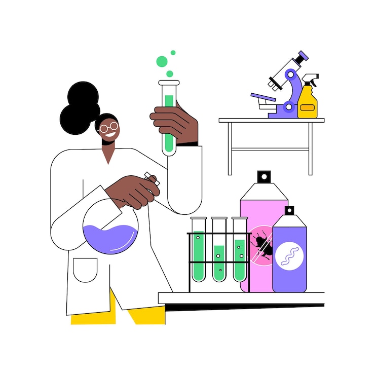 Vector pesticide manufacturing isolated cartoon vector illustrations woman creating pesticides in laboratory agribusiness industry agricultural input sector mixing ingredients vector cartoon