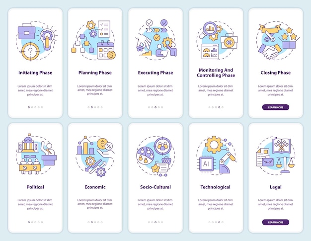 PESTLE in project management onboarding mobile app screen set