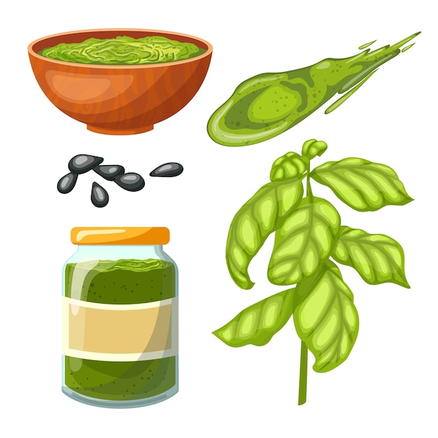 Pesto sauce basil set cartoon vector illustration