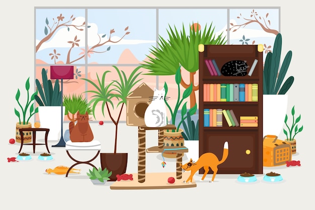 Pet accessories products in home interior vector illustration room design for cats simple care about