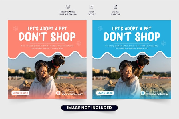 Pet adoption advertisement poster design for marketing Pet shop and animal shelter promotional web banner layout vector pet care shop social media post design with blue and salmon colors