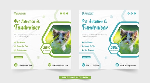 Pet adoption and fundraiser service template for social media marketing Creative pet care and grooming center promotional poster design with green and blue colors Pet veterinary advertisement design