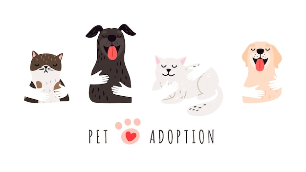 Vector pet adoption. hands holding dogs cats, shelter banner. isolated cute animals, adopt vector background