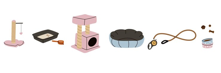 Vector pet animals accessories dog and cat house cage and bed food bows veterinary goods toys veterinarian shop equipment canine and feline stuff fish aquarium vector cartoon flat set