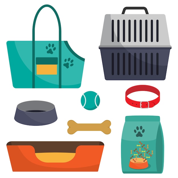 Vector pet care accessory set pet carrier collar bone bowl food ball a deckchair