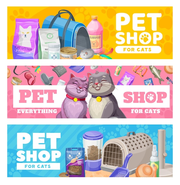 ベクトル ペットケアバナー、猫ケアアイテム、おもちゃ。猫と子猫のための商品で動物園ショップのベクトル広告プロモーション。猫の家畜用飼料、バッグとコーム、スクープと爪削り付きのひも