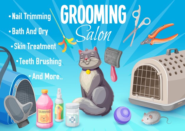 Vector pet care, cat grooming salon poster with kitten and goods for care