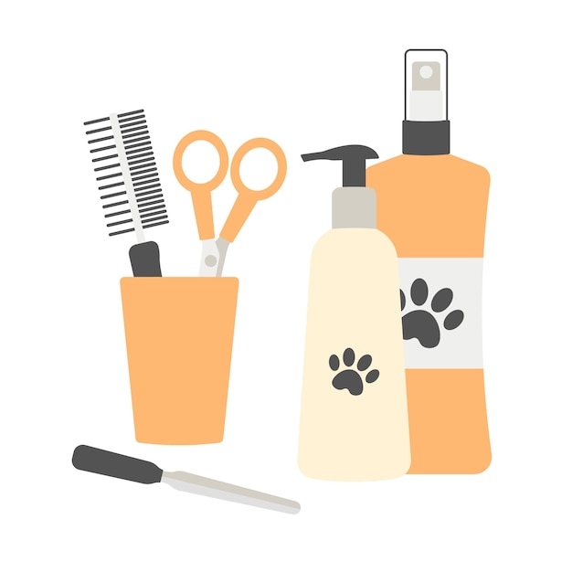 Vector pet care concept pet grooming tools set flat design