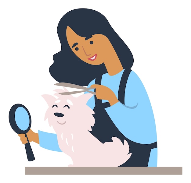 Pet care and hygiene, woman trimming hair of dog