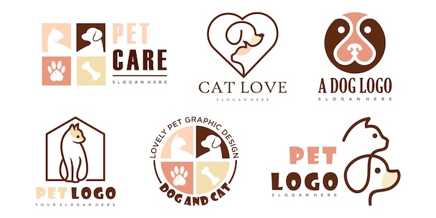 Design del logo del set di icone per la cura degli animali domestici per la casa del negozio di animali domestici e il logo veterinario