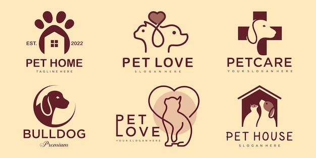 Pet care icon set logo met hond en kat silhouet symbool voor winkel veterinaire kliniek ziekenhuis