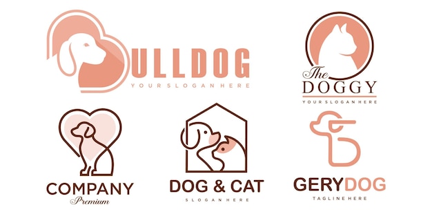 Pet care icon set logo met hond en kat silhouet symbool voor winkel veterinaire kliniek ziekenhuis