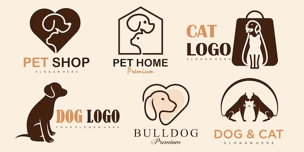 Pet care icon set logo with dog and cat silhouette symbol for store veterinary clinic hospital