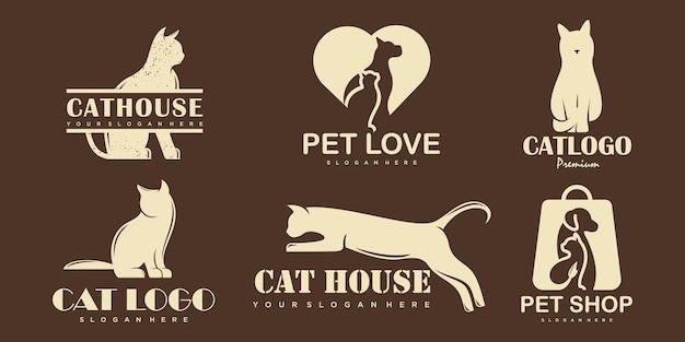 Pet care icon set logo with dog and cat silhouette symbol for store veterinary clinic hospital