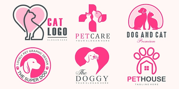 pet care icon set logo with dog and cat silhouette symbol for store veterinary clinic hospital