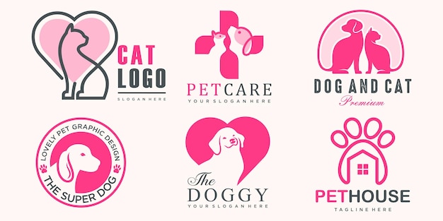 Pet care icon set logo with dog and cat silhouette symbol for store veterinary clinic hospital