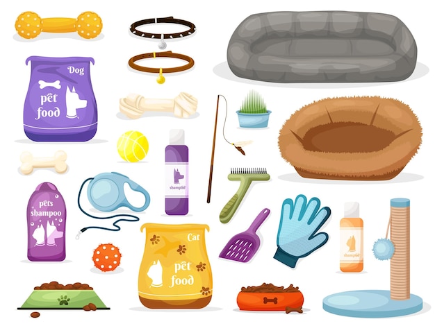 pet care icons accessories for cats flat vector illustration feed toys bowl collar products for the
