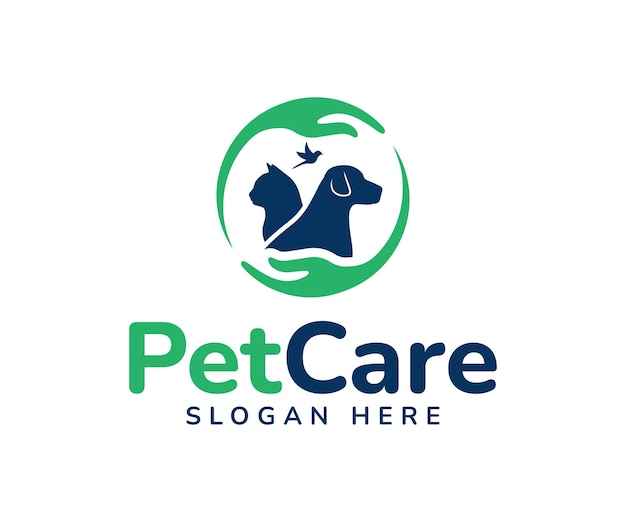 Design del logo per la cura degli animali domestici e logo degli animali con simboli di cani, gatti, uccelli e mani