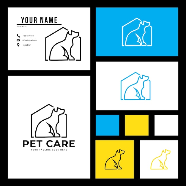 Vettore design del logo per la cura degli animali domestici. progettazione logo e biglietti da visita.