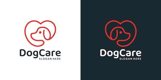 Vettore modello di progettazione del logo per la cura degli animali domestici logo del cuore con cane con vetore di progettazione grafica in stile linea