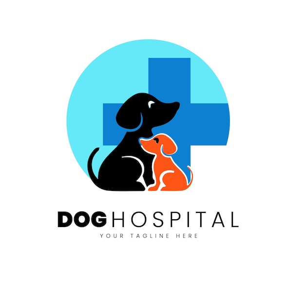 犬のシンボルを含むペットケアのロゴ。犬病院のロゴ。間代。犬ケア センター ベクトルのロゴのテンプレート