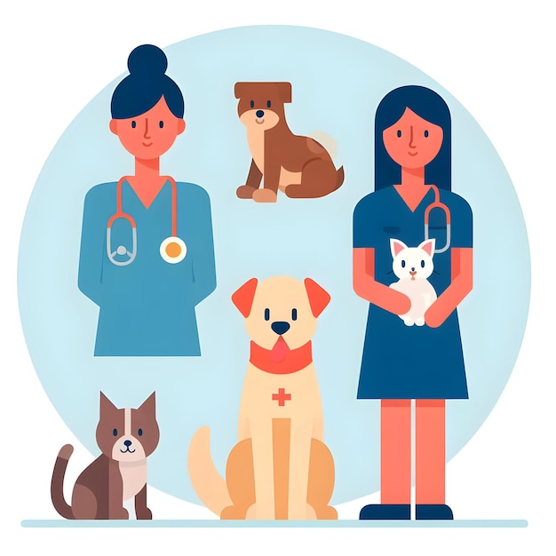 Vector pet care pictorial flat design of veterinarians and domestic animals