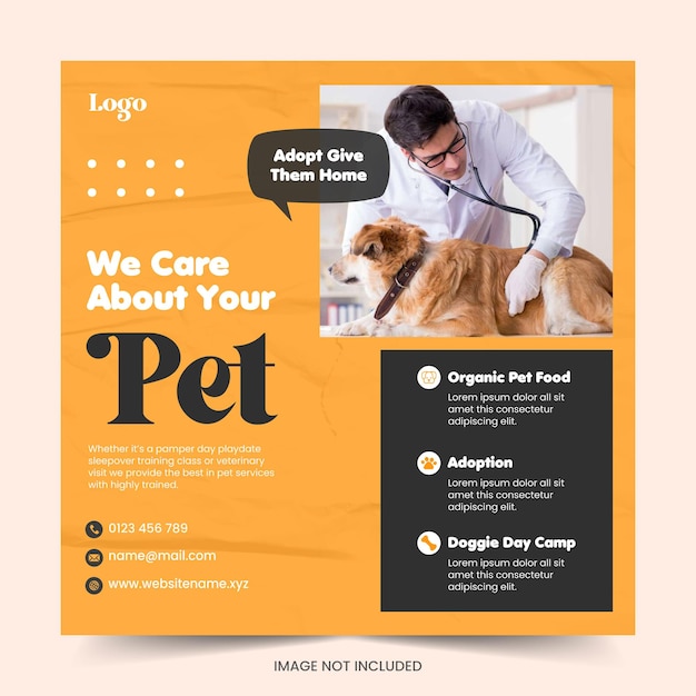 Pet care social media post banner template or pet shop social media cover and web banner