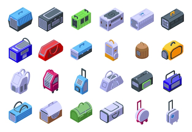 Pet carrier icons set isometric vector Cat box Cage carry