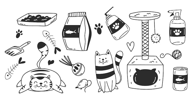 Vector pet cat salon care tool line sketch design element abstract set graphic design illustration