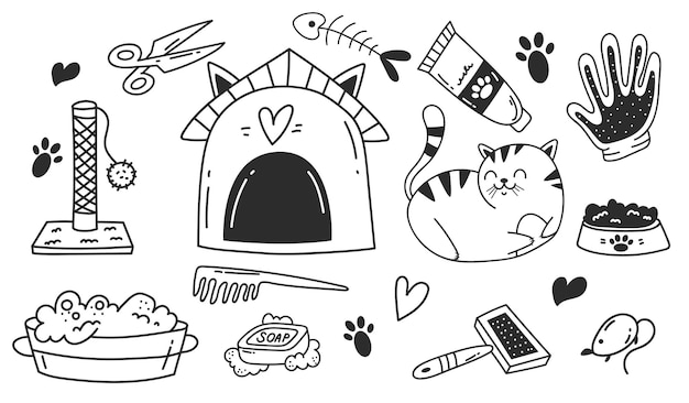 Pet cat salon care tool line sketch design element abstract set graphic design illustration