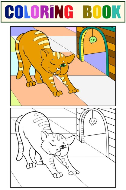 Pet cat allunga libro da colorare per bambini con un esempio di colore