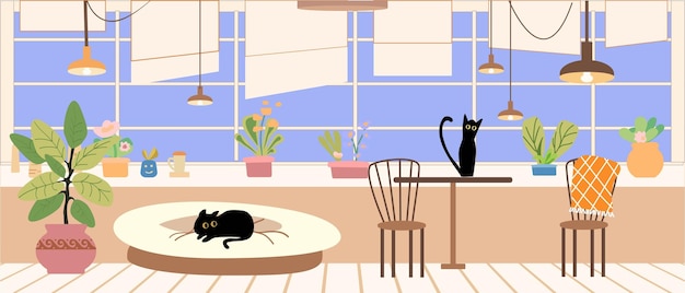 Pet cats and dogs in home apartment Happy domestic animals flat vector illustration Interior Friendship love for pet concept for banner website design or landing web page