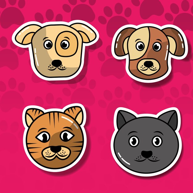 Vector pet cats and dogs set head animal adorable cartoon