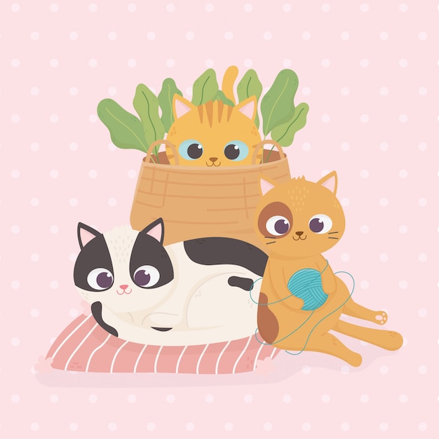 Vector pet cats with wool ball wicker basket plants cartoon illustration