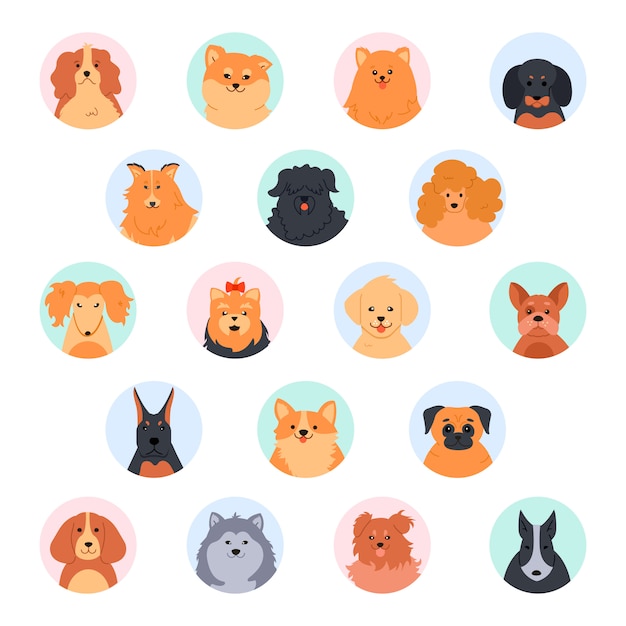 Pet cute faces. Cute dog head. Poodle, funny yorkshire terrier, pomeranian spitz and labrador retriever. Purebred dogs muzzle  illustration set. Social network round profile avatars.  icons