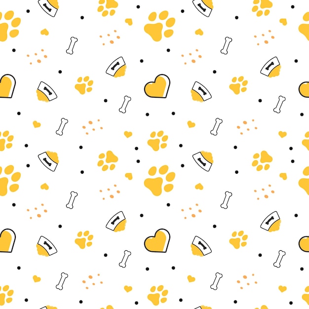 Vector pet dog and cat paw bowl seamless pattern bones and foot, heart and polka dot pattern background