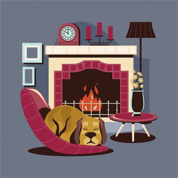 Vector pet dog sleeping by the fireplace