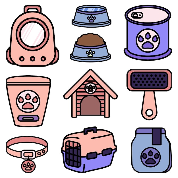 Pet equipment cute flat line illustration