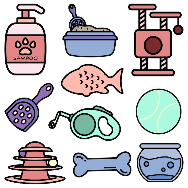 Pet equipment Cute Flat Line Illustration