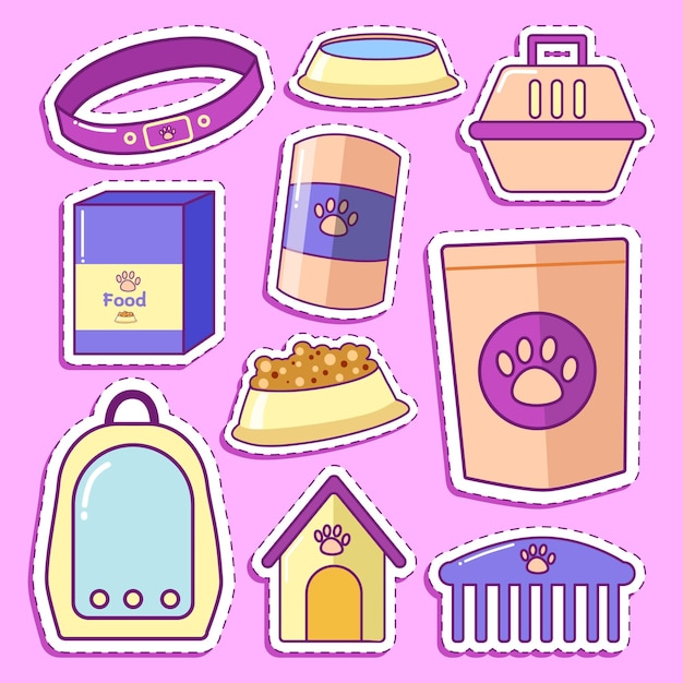 Pet Equipment and Stuff Cute Sticker Set Illustration